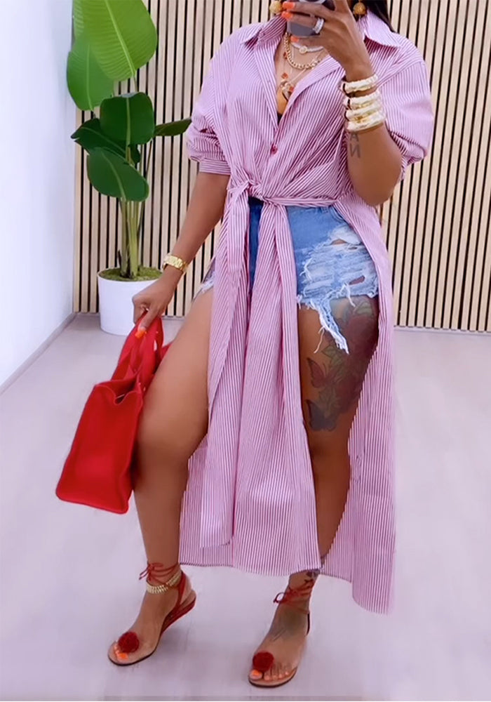 Women Striped Split Lace-Up Long Sleeve Shirt