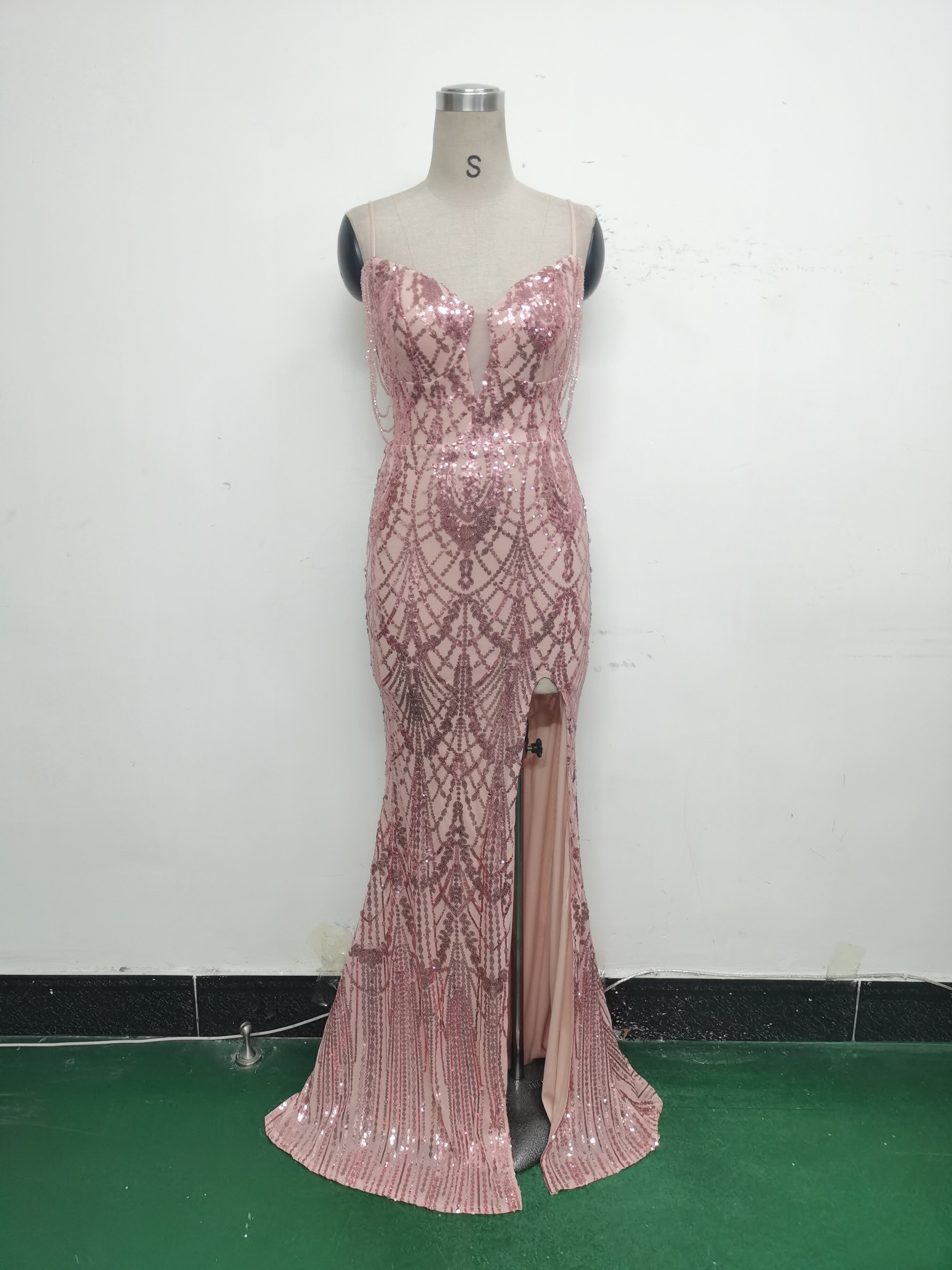 Women beaded sequin fishbone Lace-Up See-Through evening dress 37