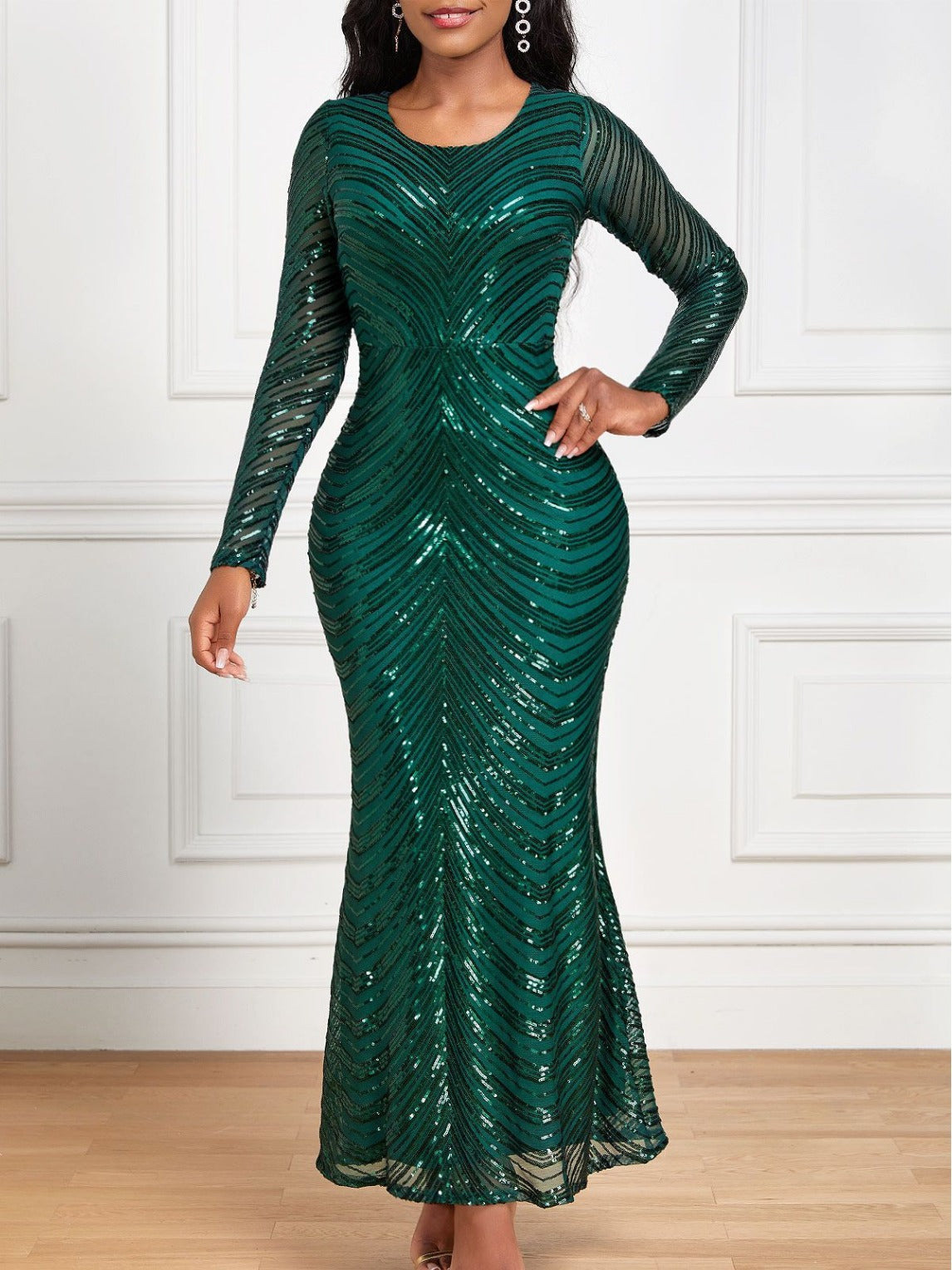 Women Sequin Elegant Formal Party Long Sleeve Evening Dress 9