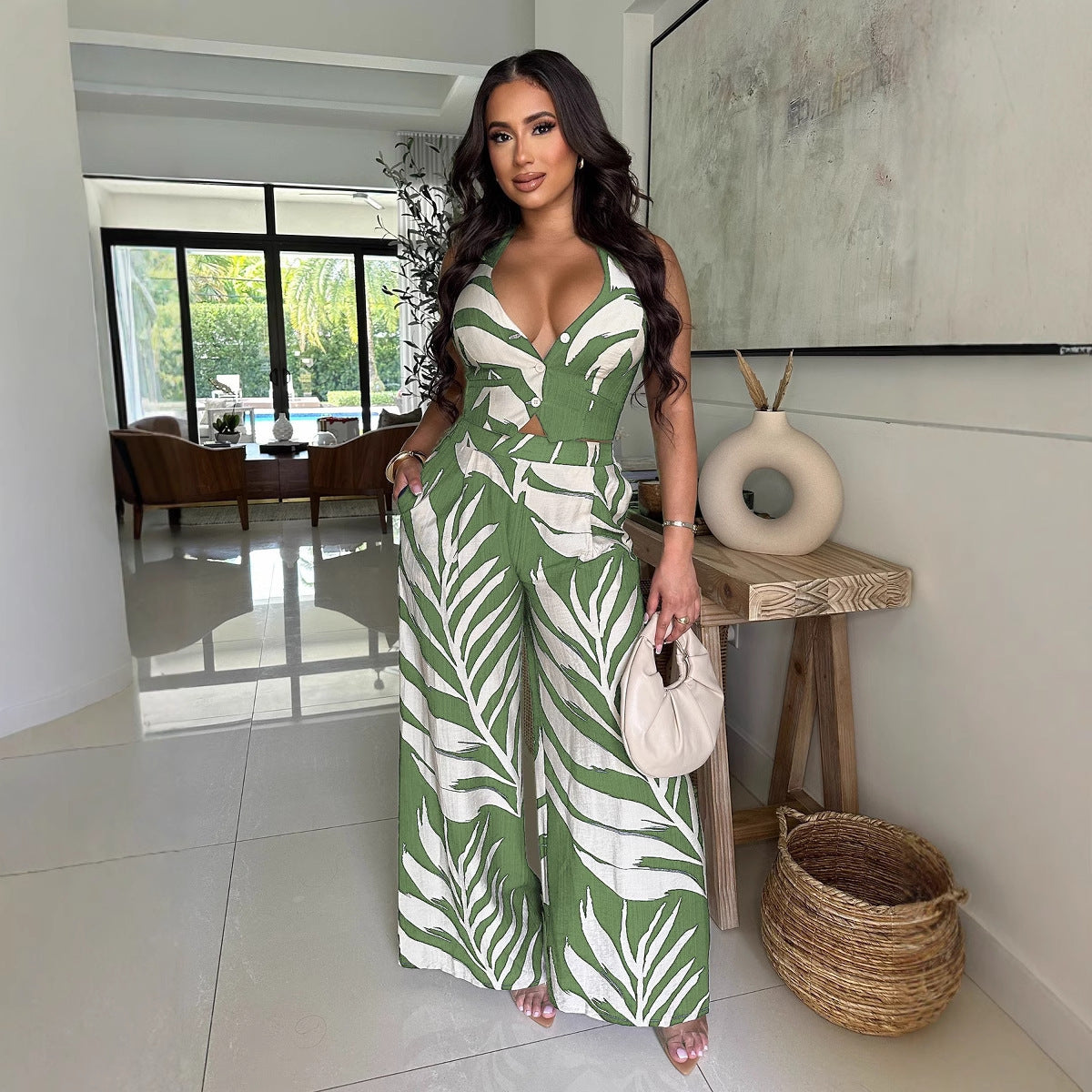 Women Printed Halter Neck Top and Wide-leg Pants Two-piece Set 4