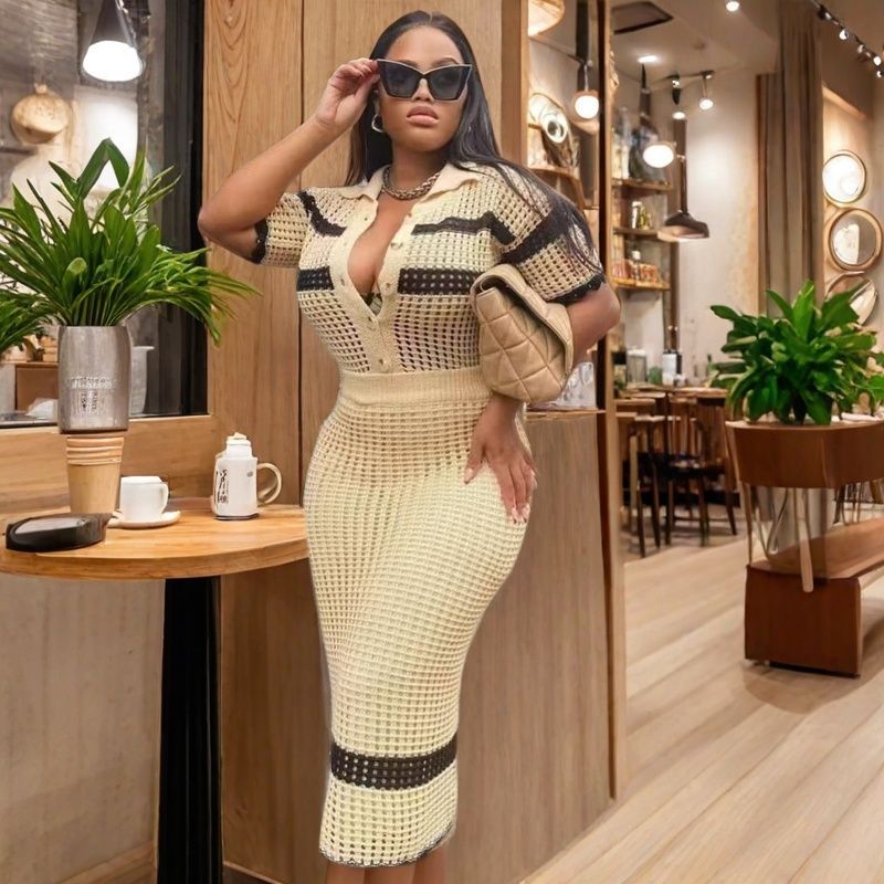 Color-Block Turn-Down Collar Knit Top Skirt Set 3