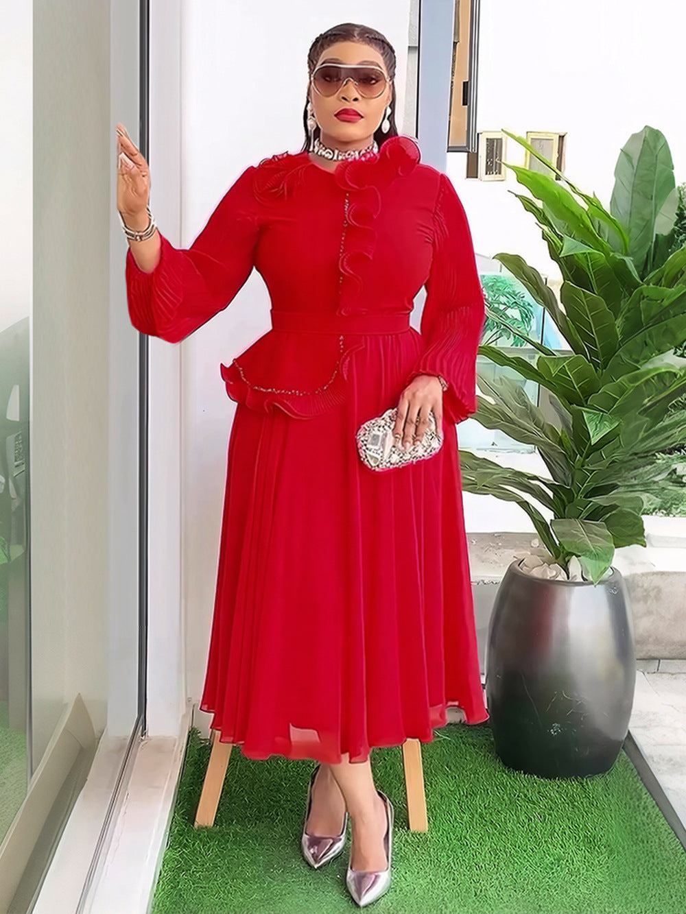 Plus Size African Women elegant pleated Ruffle Edge dress 5