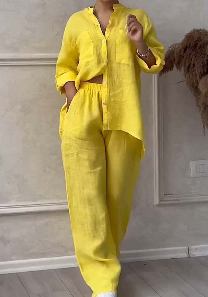 Women Casual Solid Shirt Wide Leg Pants Two Piece Set