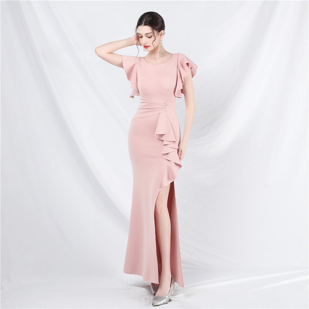 Women Ruffles Short Sleeve Slit Party Evening Dress 11