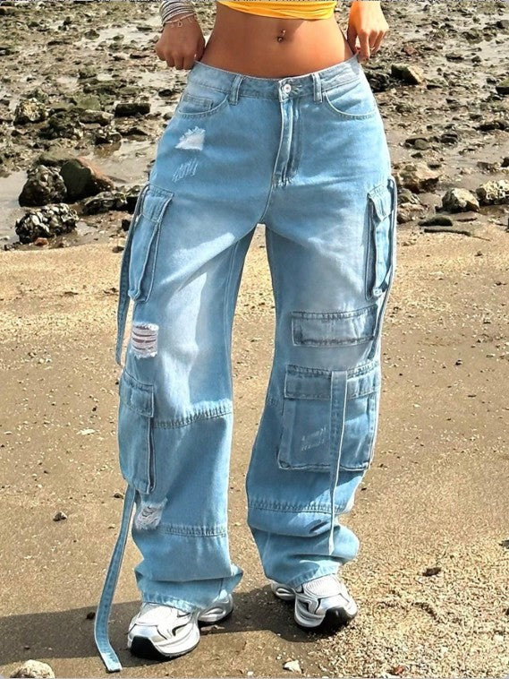 Women Cargo Pocket Light Blue Denim Pants 3