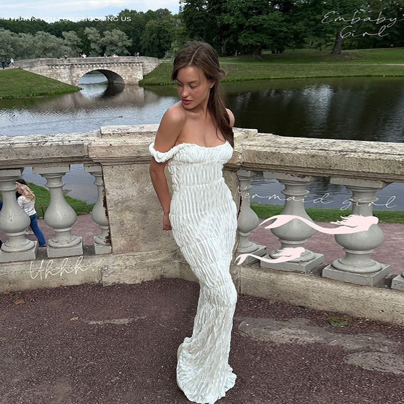 Spring Texture off shoulder slim Long Dress 3