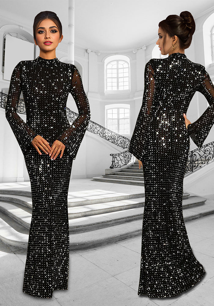 Women sexy long-sleeved beaded dress