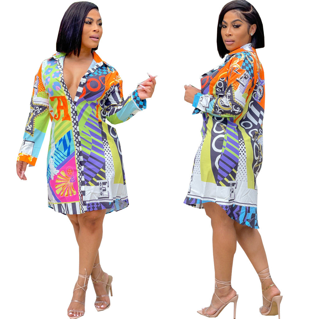 Casual Fashion Print Multicolor Women'S Shirt Dress 7