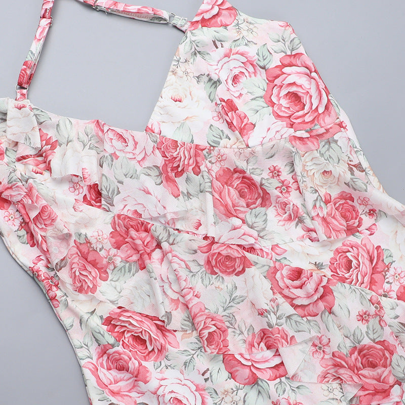 Women Spring Sexy Ruffle Floral Print Slit Dress 13