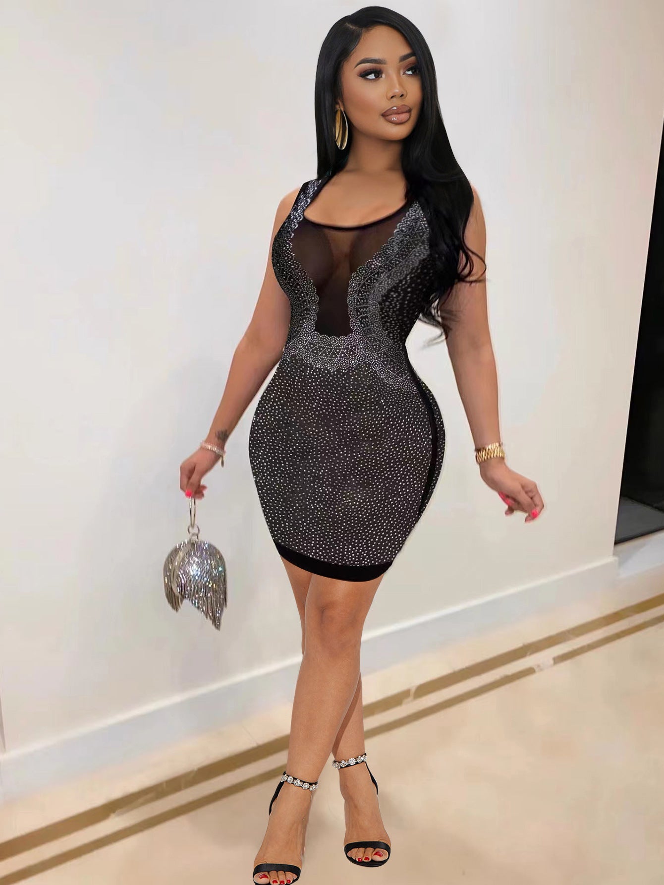 Fashionable Sexy Slim Beaded See-Through Mesh Women's Nightclub Bodycon Dress 4