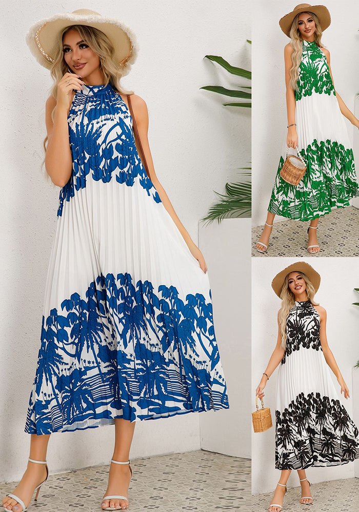 Women Stand Collar Sleeveless Pleated Print Dress