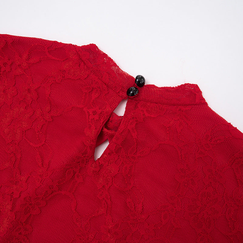 Autumn Women's Solid Color Lace-Up Sexy Lace Long Sleeve Ribbon Short Dress 25