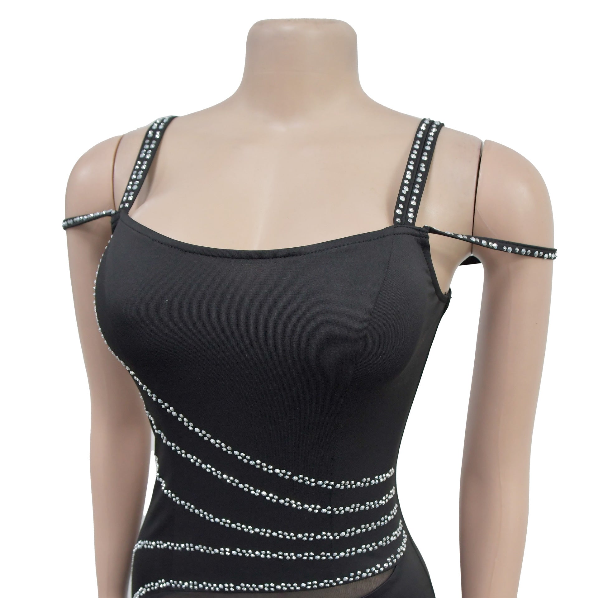 Fashion Women's Beaded Strap Off Shoulder Solid Color Mesh Patchwork Evening Dress 11