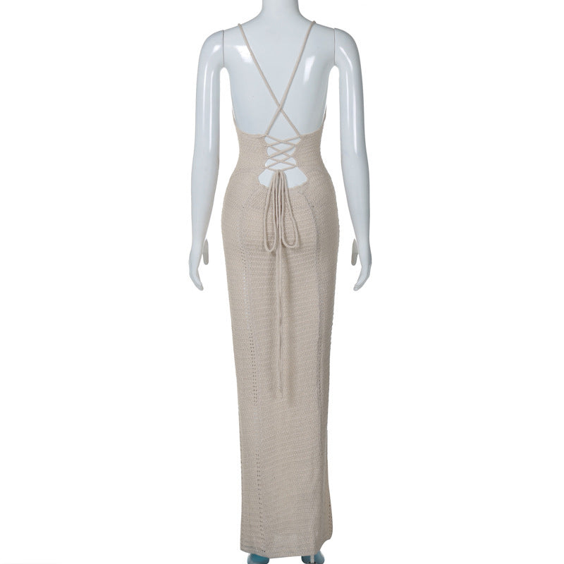 Women Spring and Summer Sexy Backless Hollow Lace Knitting Suspender Bodycon Dress 11