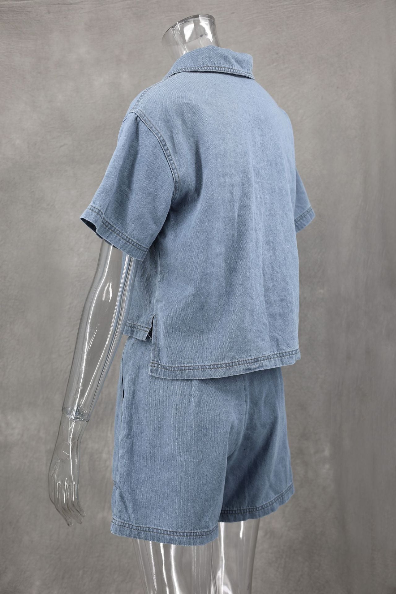 Women Casual Denim Polo Short Sleeve Shirt Irregular Skirt Pants Two-piece Set 12