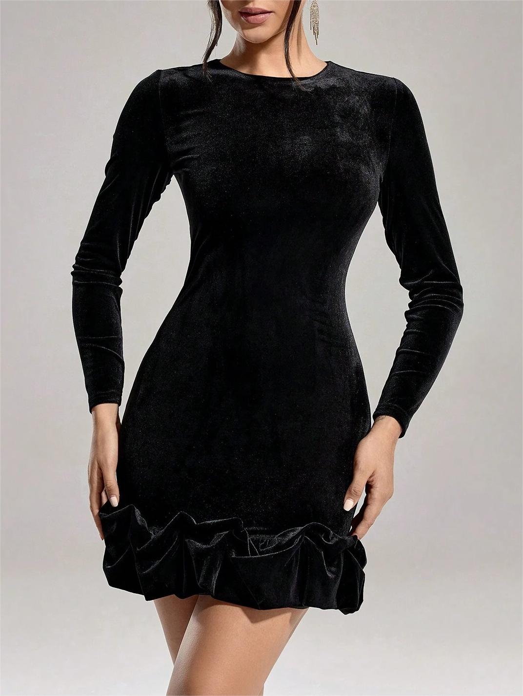 Women Season Sexy Long Sleeve Black Round Neck Dress 3