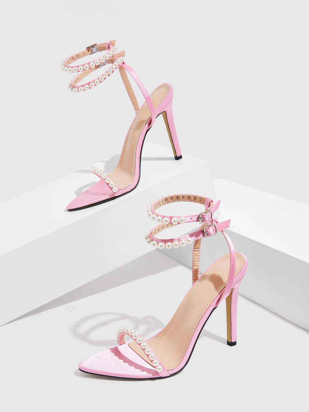 Pearl Ankle Strap Pink Summer High Heels 8