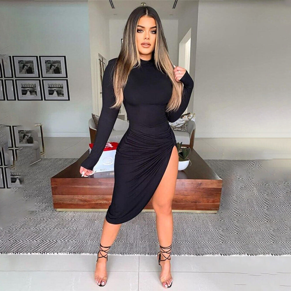 Fashionable Women's Nightclub Slim Solid Color Fashionable Long Sleeve Slit Irregular Long Dress