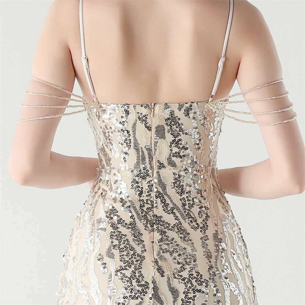 Women Backless Beaded Slit Party Evening Dress 36