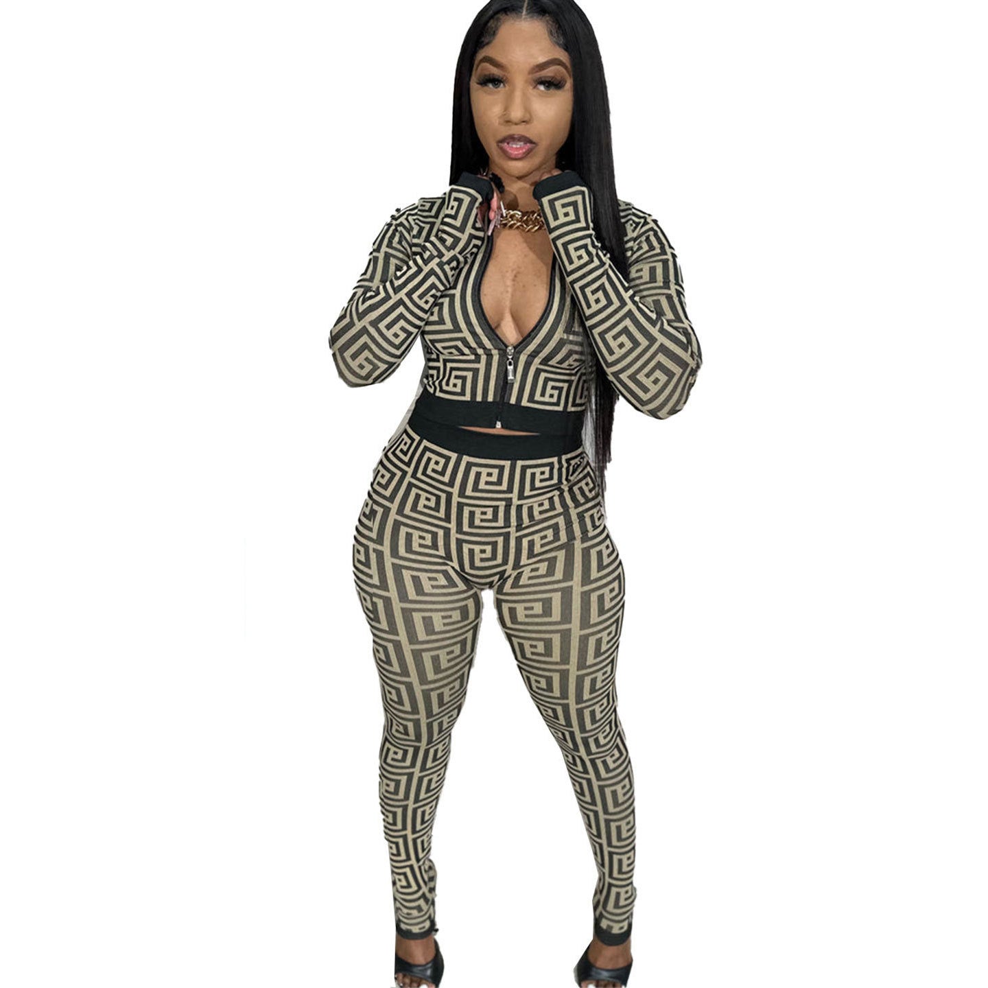 Women Sexy Printed Stretch Long Sleeve Top and Pant Two-piece Set 8