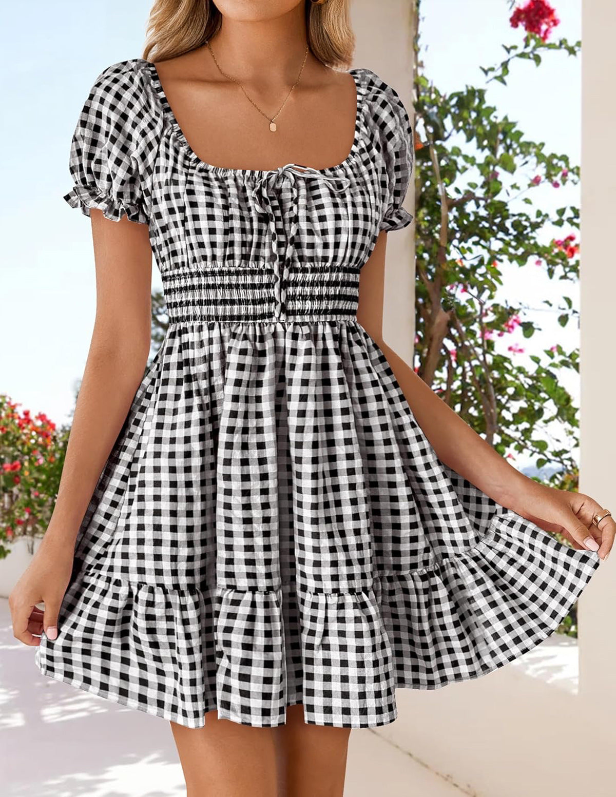 Plaid Square Neck Short Sleeves A-Line Dress 10