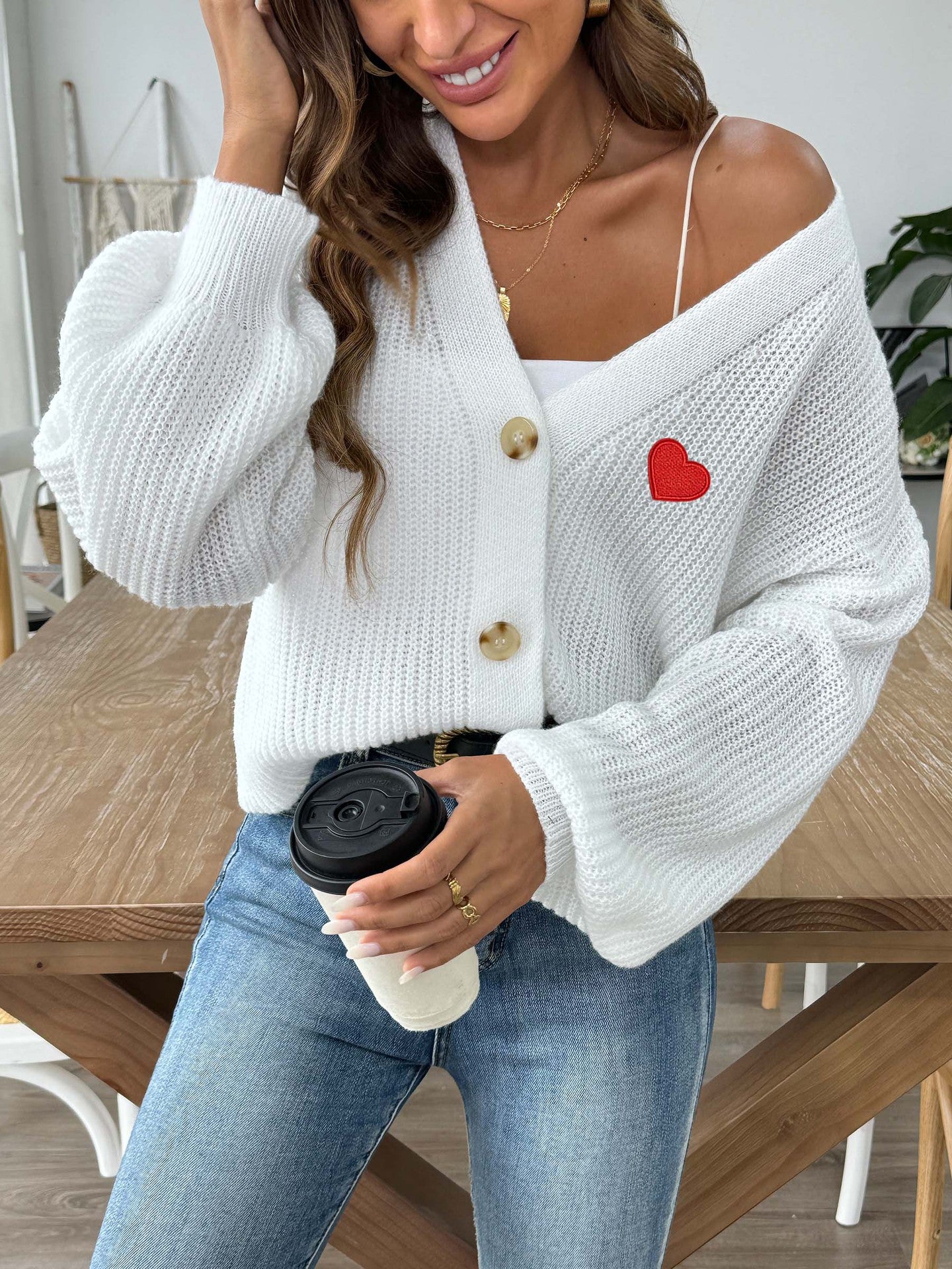 Ladies Knitted Cardigan Sweater Women's Autumn Winter Heart Embroidery Short Button Coat