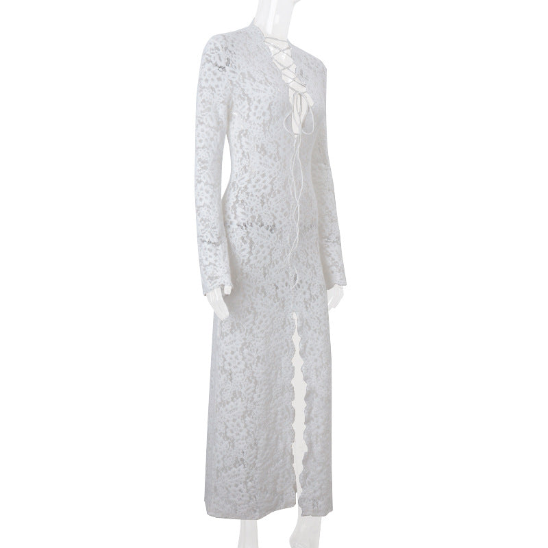 Autumn Sexy Lace Patchwork Fashion Street Slit Long Sleeve Dress 7