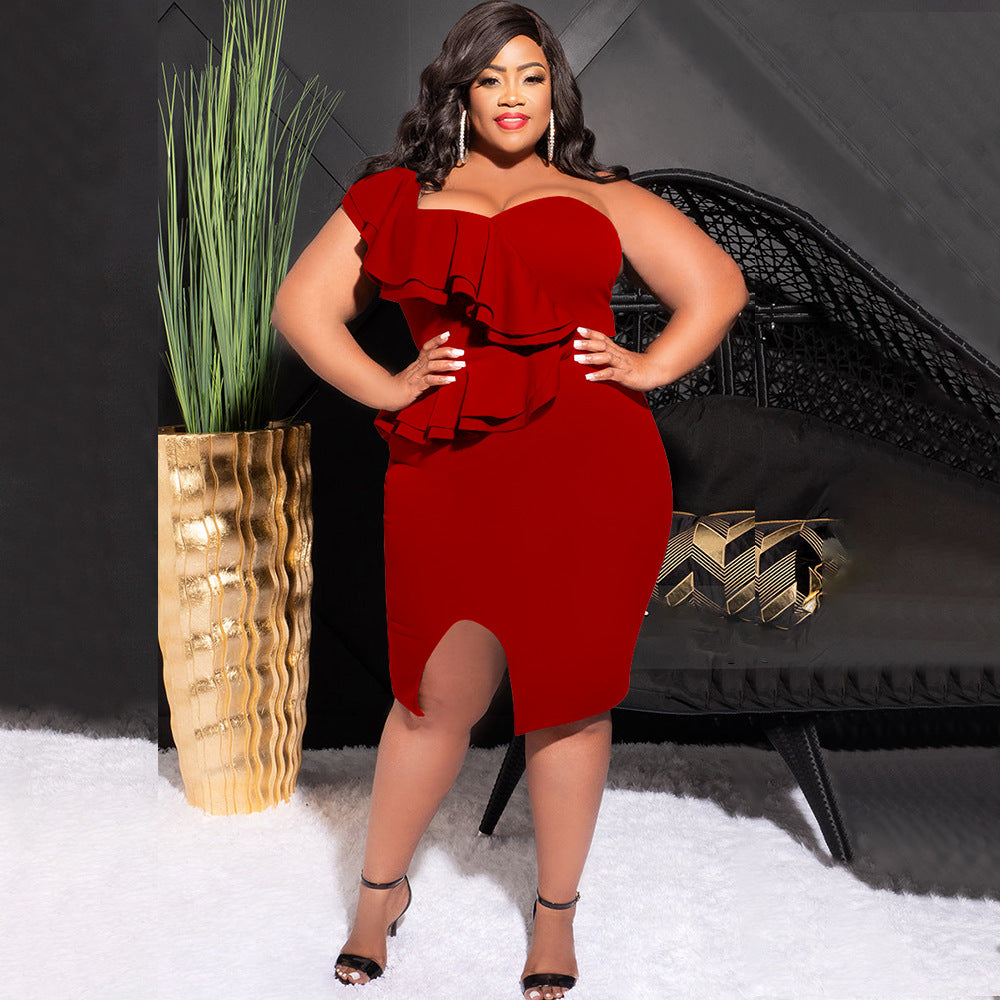 Spring Summer Plus Size Fashion Casual Ruffled Slit One Shoulder Bodycon Slit Dress 5