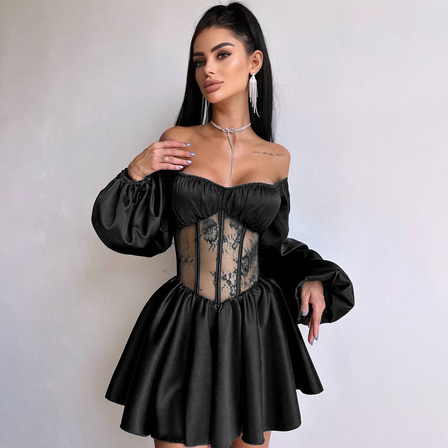 Autumn Sexy Satin Off-Shoulder See-Through Mesh Patchwork Mini Dress for Women 5