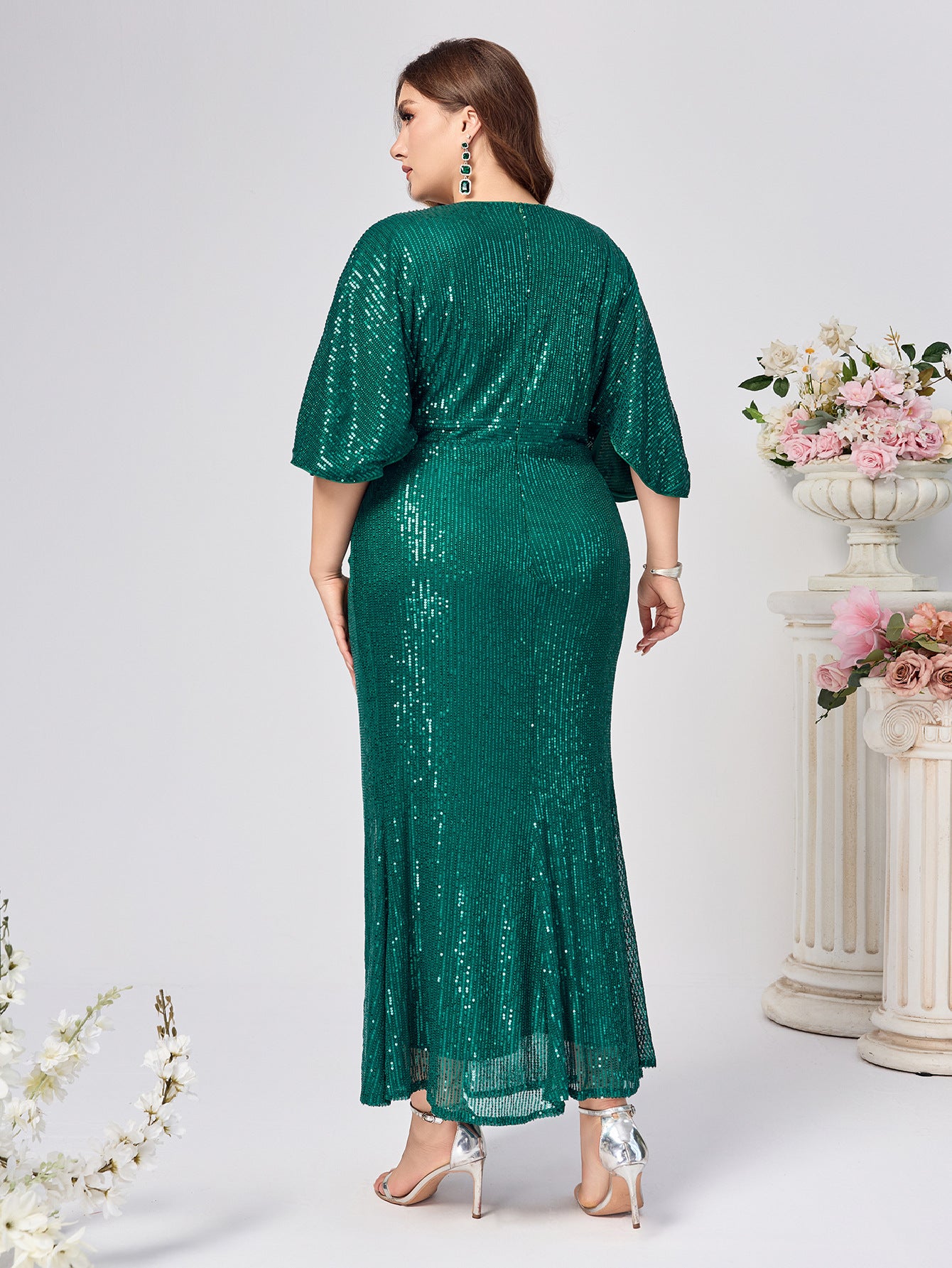Plus Size Women Sequin Solid v-neck sequin sleeve Formal Party Dress 4