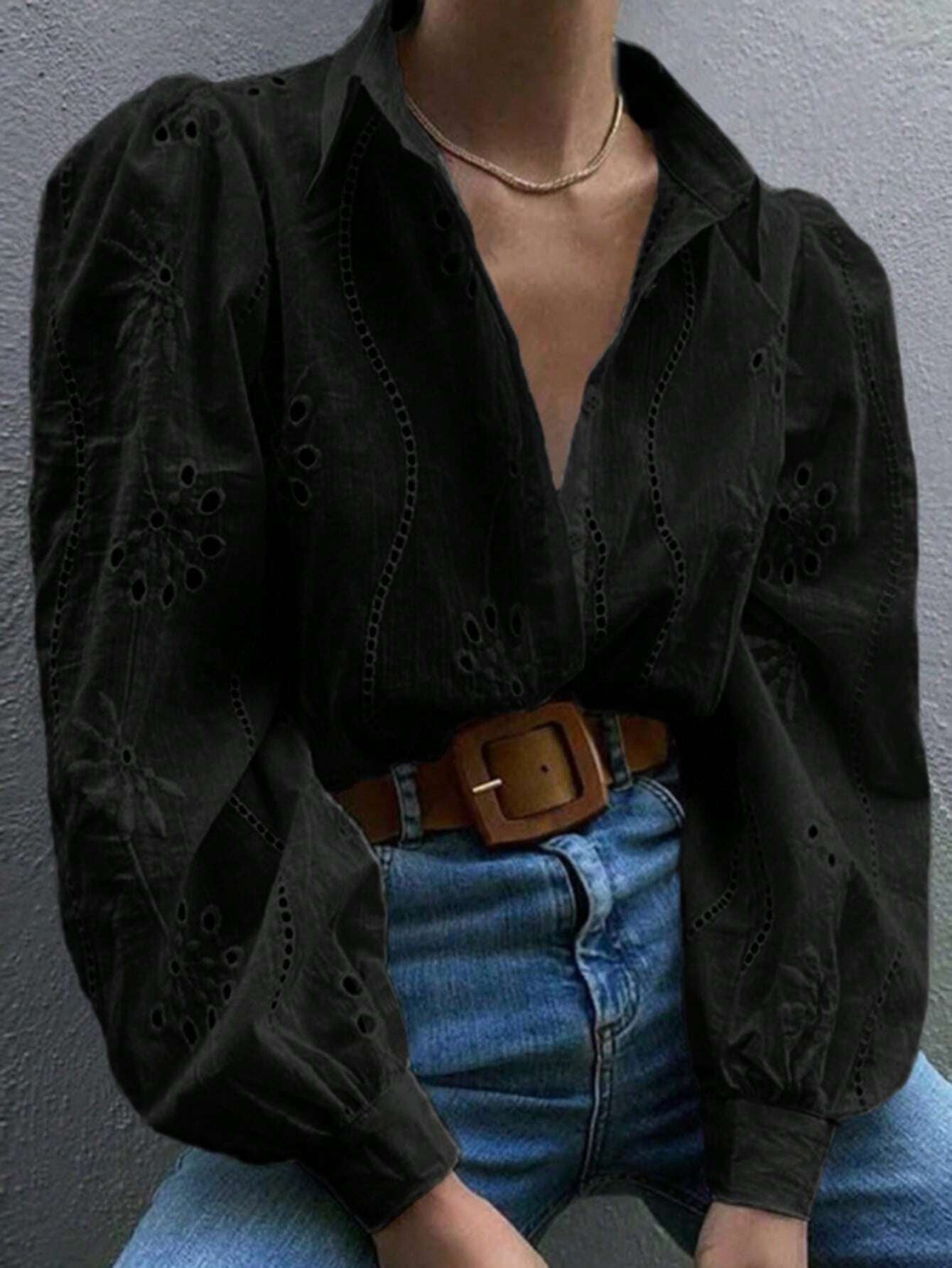 Women Solid embroidered hollow long-sleeved Turndown Collar shirt 3