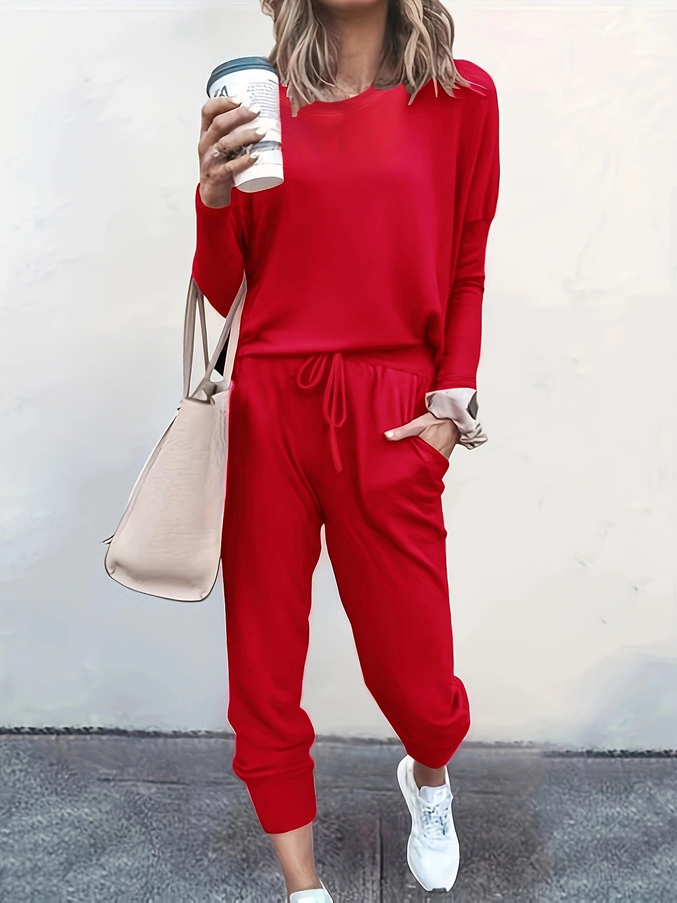 Autumn and Winter Women's Clothing Round Neck Loose Solid Color Long Casual Two-piece Pants Set 4