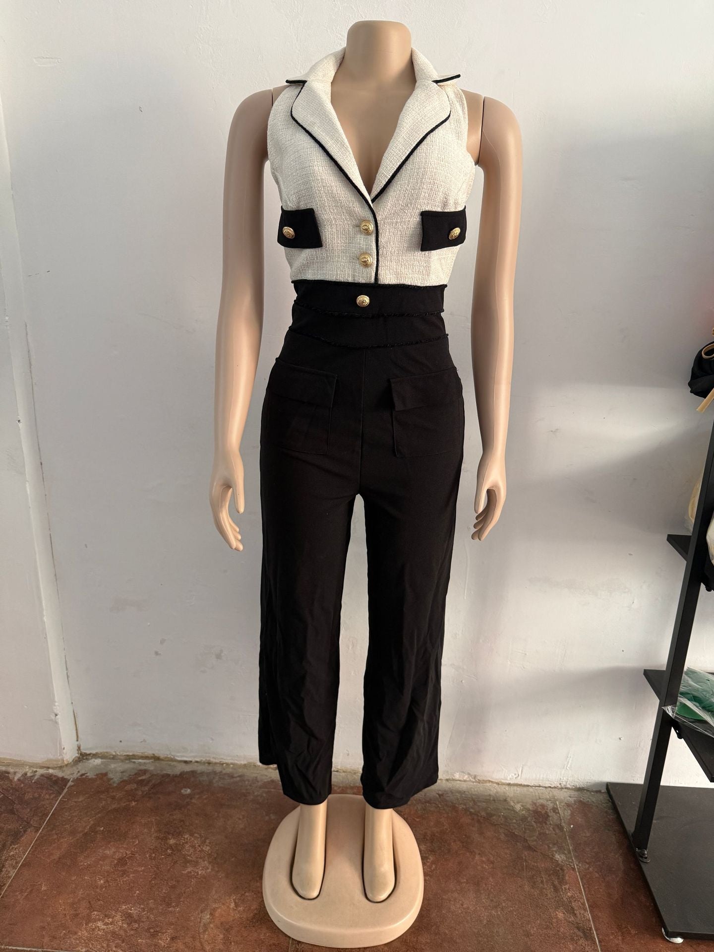 Women's Patchwork Halter Sleeveless Wide-Leg Jumpsuit 9