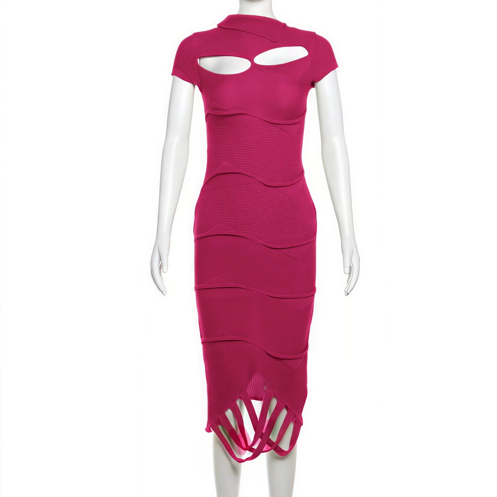 Women Slash Shoulder tassel hollow knitting solid irregular short-sleeved dress 4