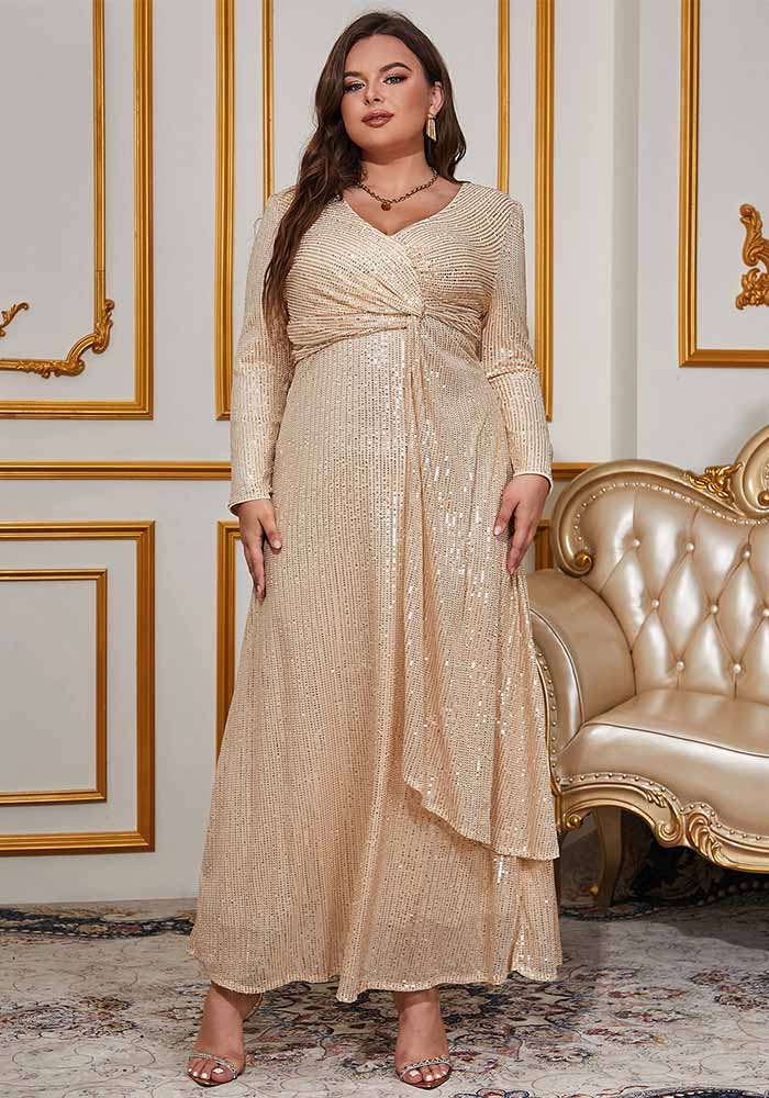 Fashion Chic Elegant Solid Color Sequined Long Sleeve V-Neck Slim Formal Party Women's Evening Dress