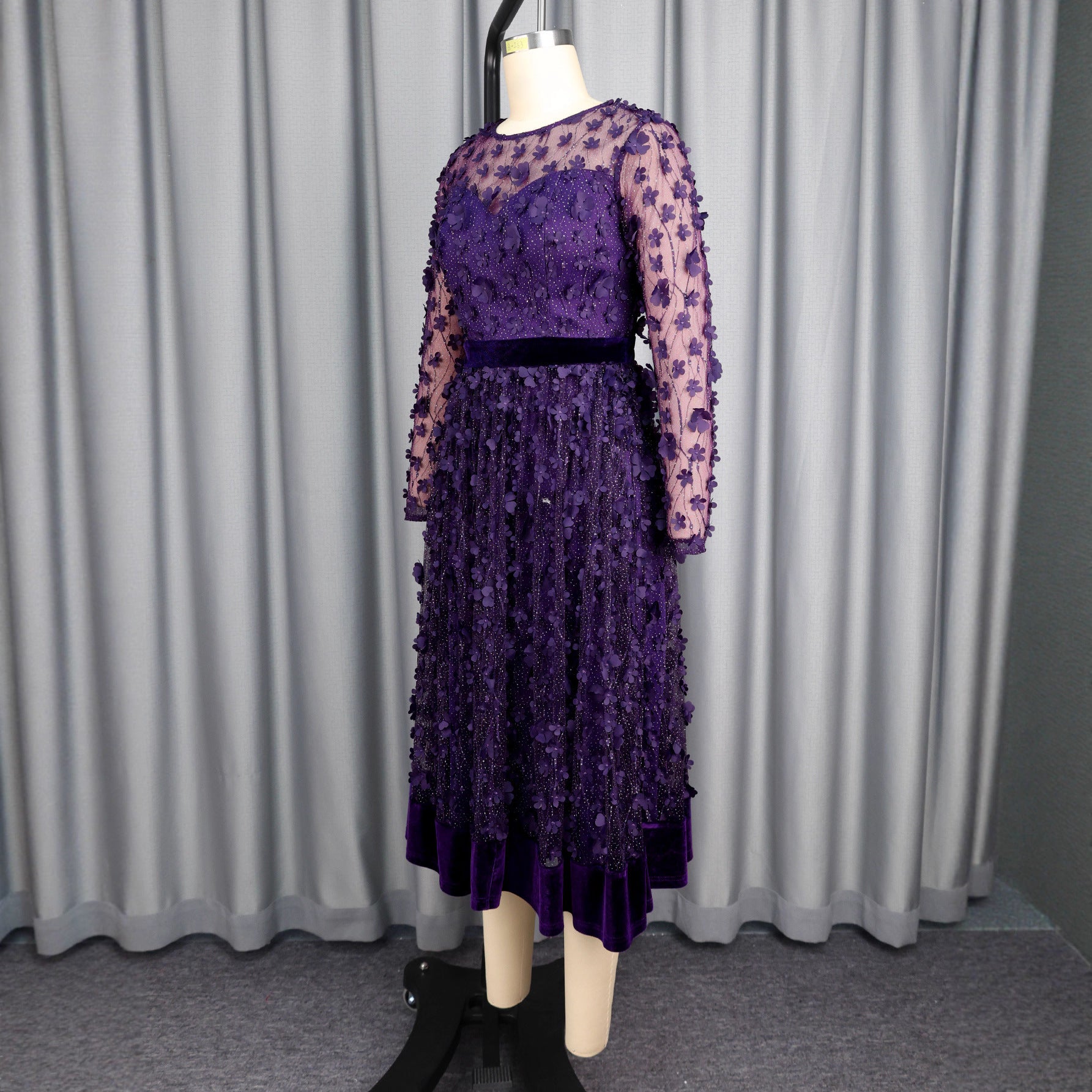 Round Neck Mesh Long Sleeve Dress Velvet Slim Waist A-Line Formal Party Midi Dress 4
