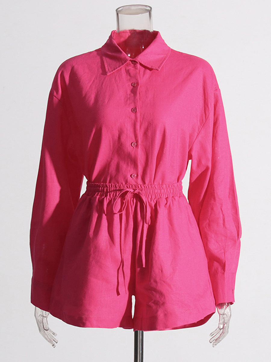 Women Turndown Collar long sleeve solid shirt Top and Casual shorts two-piece set 6