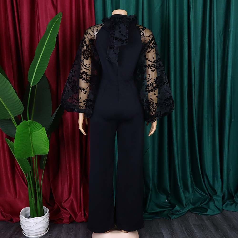 Plus Size Women Loose Patchwork Puff Sleeve Wide Leg Jumpsuit with Belt 5