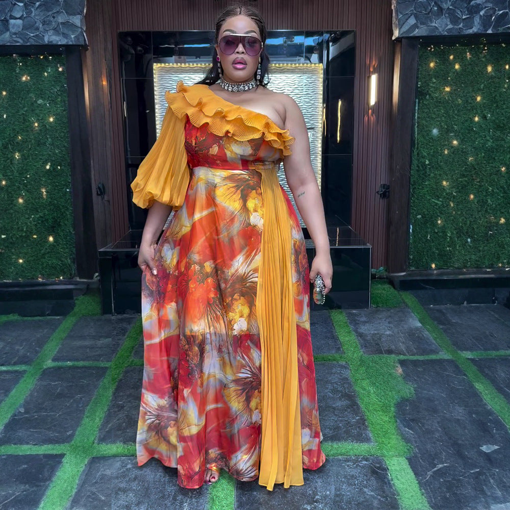 Plus-size African print off-shoulder spring/summer chiffon dress 3