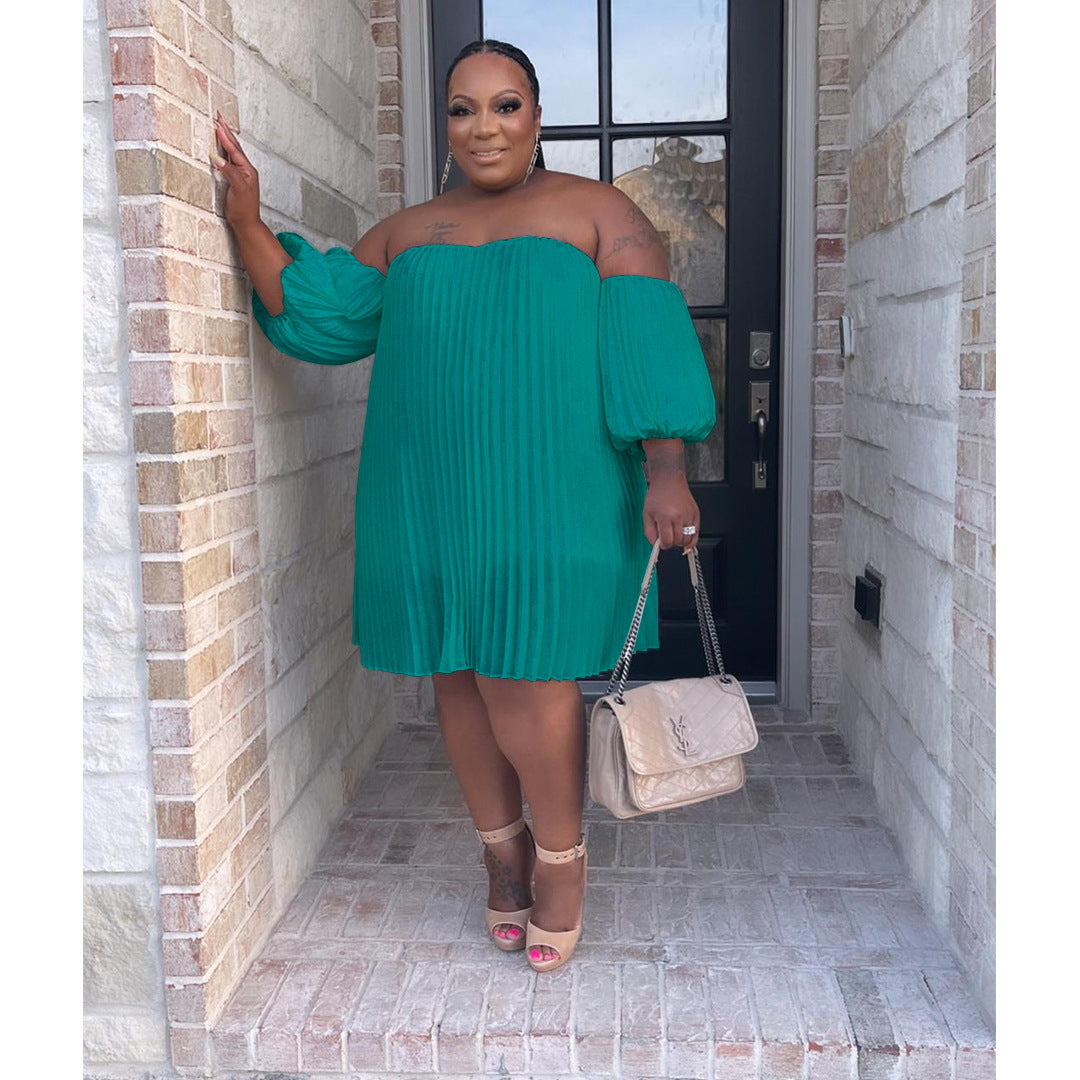 Fashion Plus Size Women's Chiffon Pufff Sleeve Drape Pleated off shoulder loose Dress 6