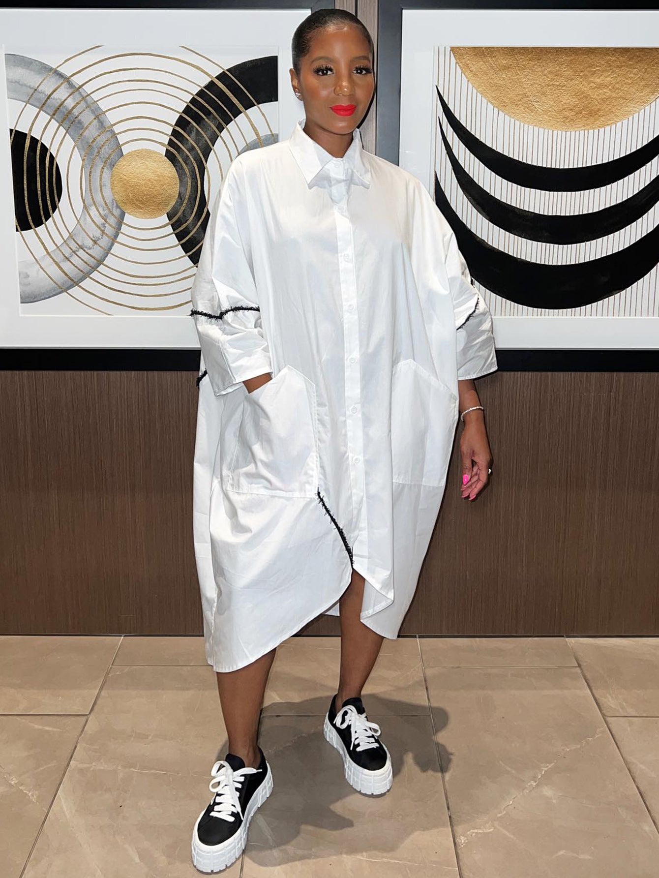 Women Casual Solid Long Sleeve Tassel Shirt Dress 3