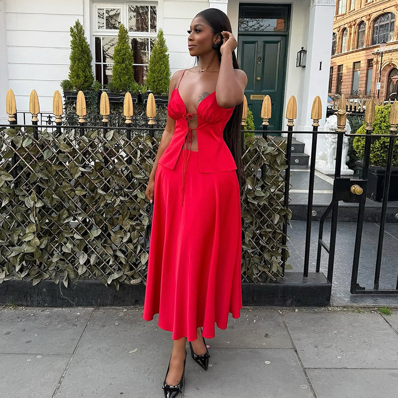 Women's Summer Sexy Lace-Up Straps Top & High-Waist Skirt Two Piece Set 7