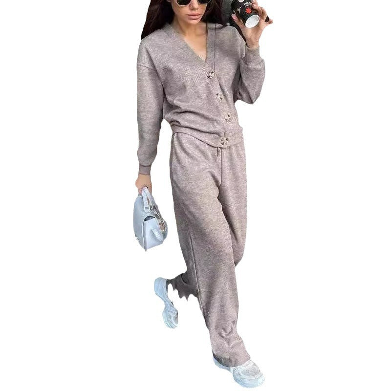 Women Solid Casual Button Top and Pants Two Piece Set 7