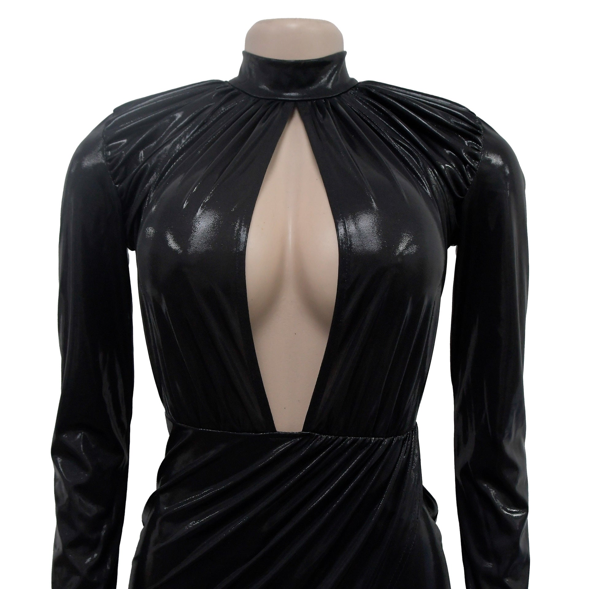 Women Solid Shiny Long Sleeve Pleated Maxi Dress 20