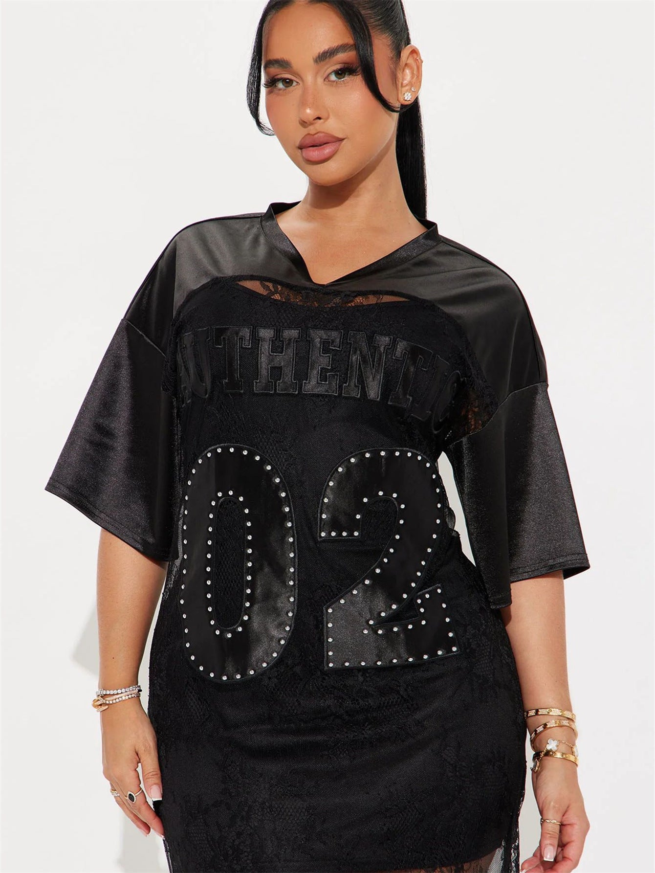 Fashion Loose V-Neck Hollow Lace Patchwork Casual Short-Sleeved Long Dress for Women 4