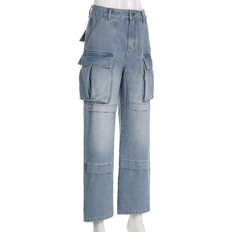 Women Pocket Loose Washed Cargo Denim Pants 10