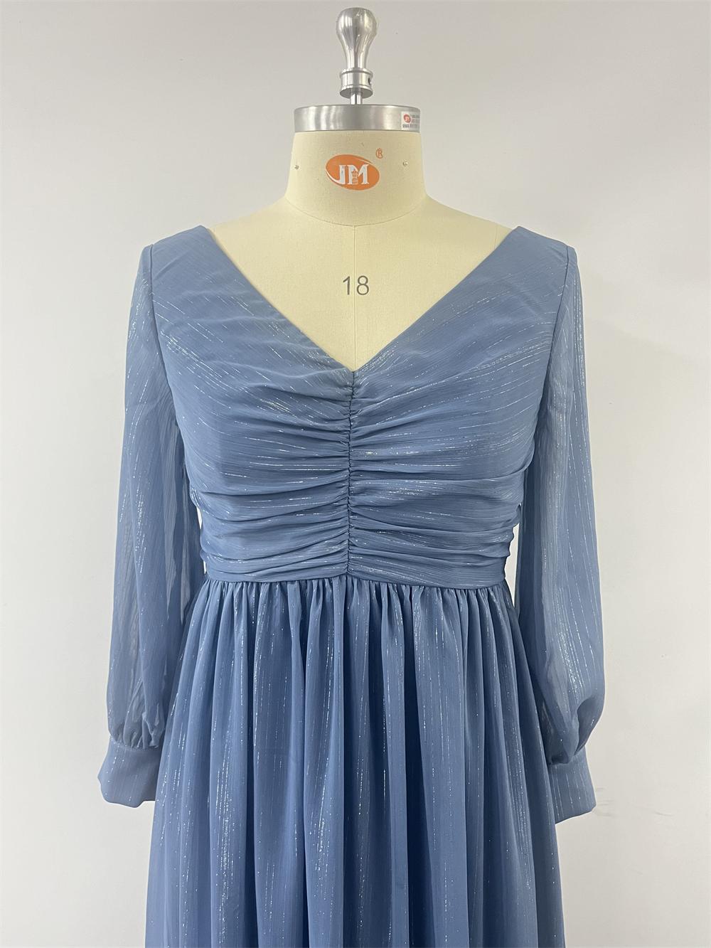 Plus Size Women Long Sleeve Double V-Neck Pleated Evening Dress 11