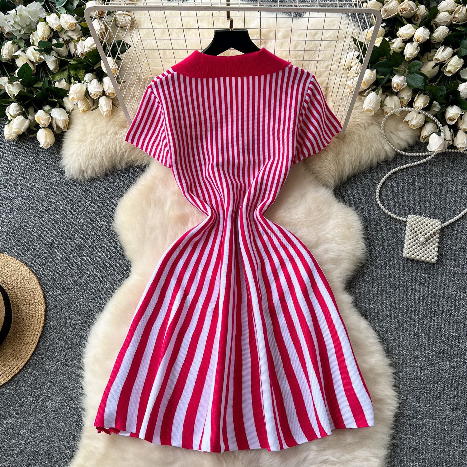 Contrast Turndown Collar Short-Sleeved Striped Women's Slim Waist Knitting Dress 10