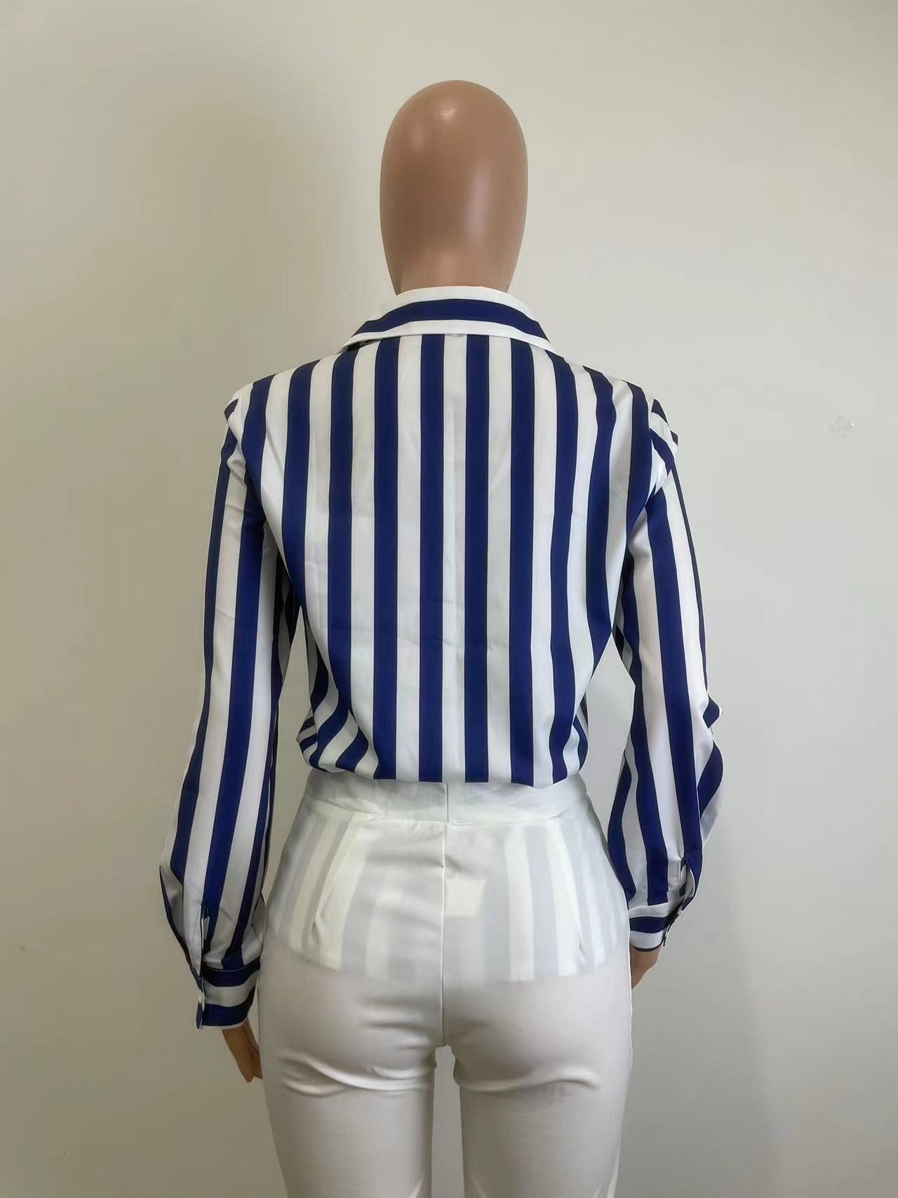 Women's Spring Fashionable Blue Striped Shirt 7