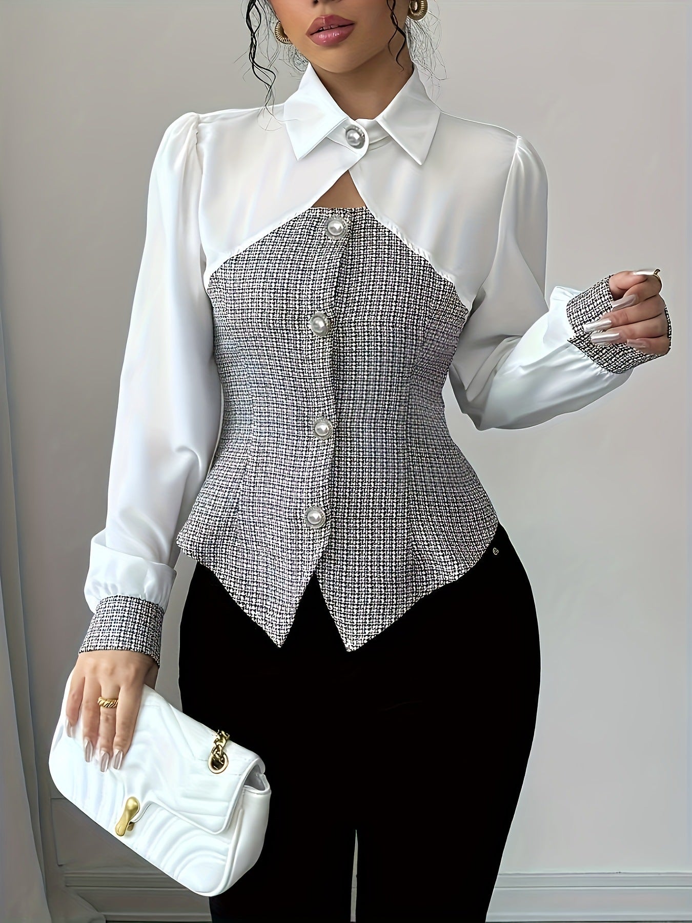 Women Fall/Winter Elegant contrasting long-sleeved turndown collar lining